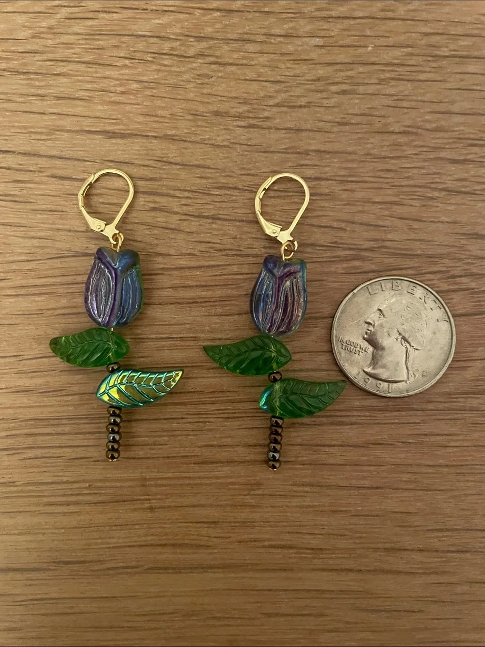 HAND CRAFTED CZECH GLASS TULIP EARRINGS Purple Blue Green Gold Brown